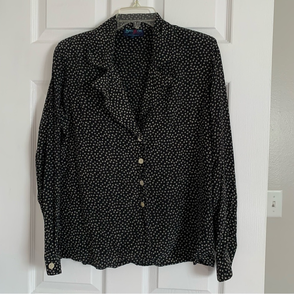 Vintage Balloon Button Up Black Ditzy Flower Italian Silk Blouse